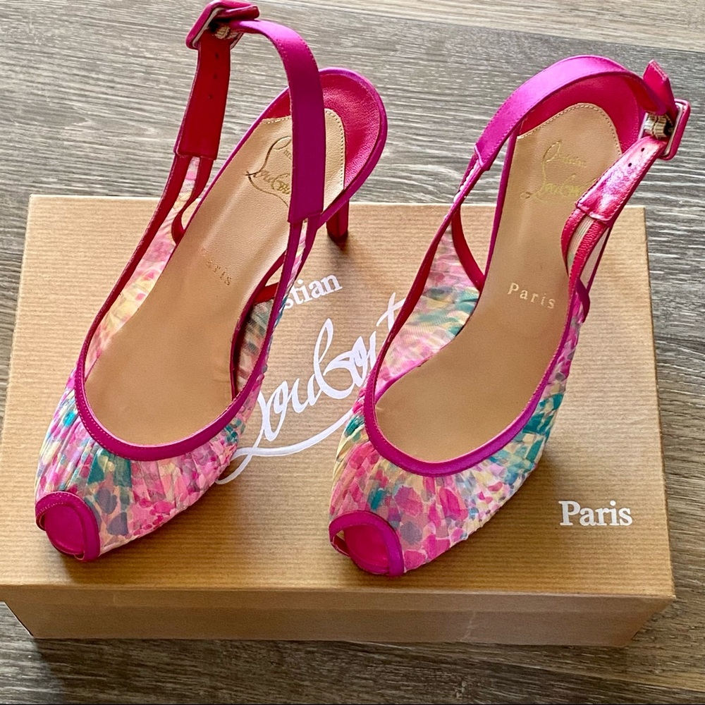 CHRISTIAN LOUBOUTIN Pink Impression Crepe Satin Chiffon Peep Toe Slingback Pumps